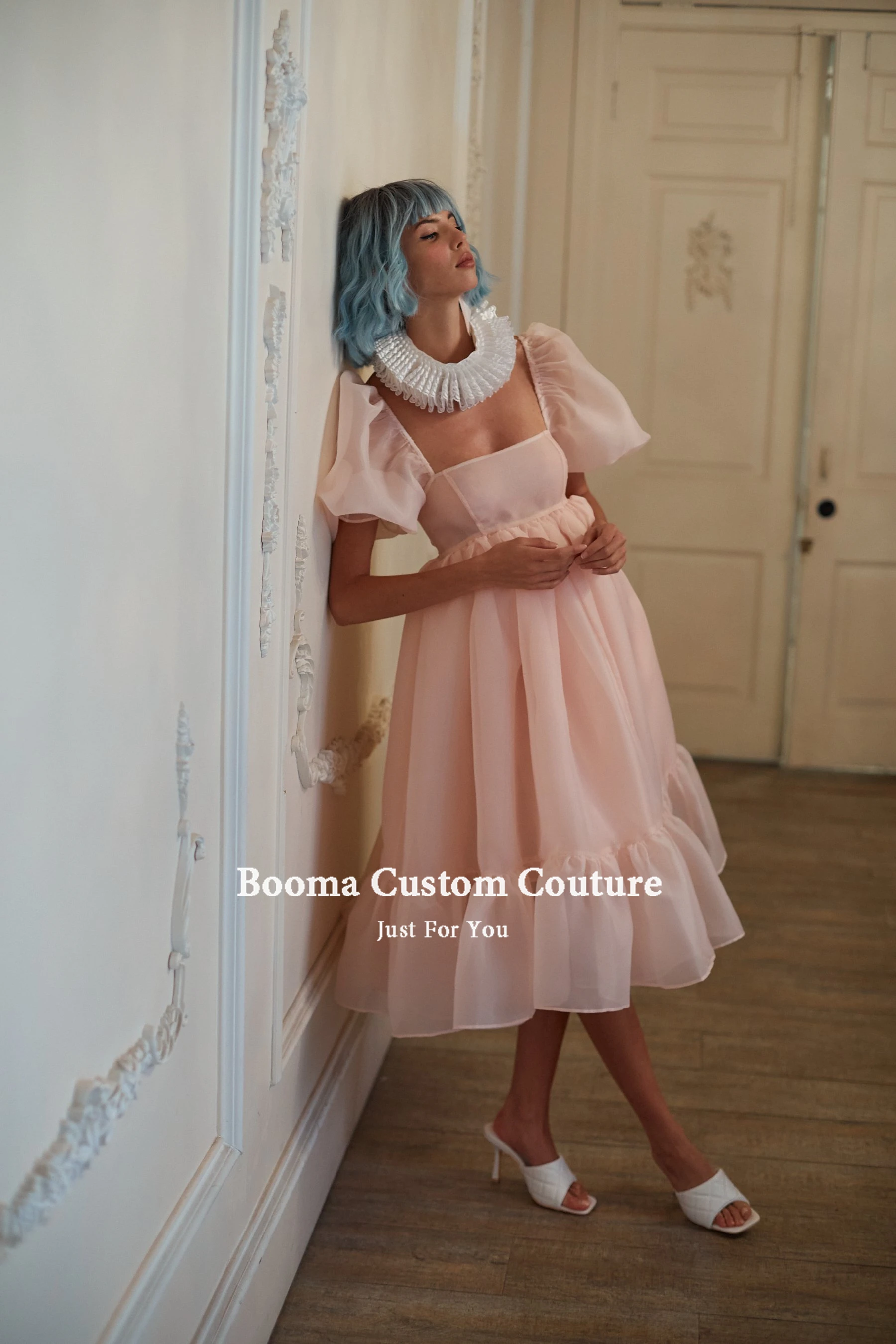 Booma Dreamy Peach Puff Sleeves Prom Dresses Off the Shoulder Organza Short Prom Gowns Babydoll Tea-Length A-Line Party Dresses