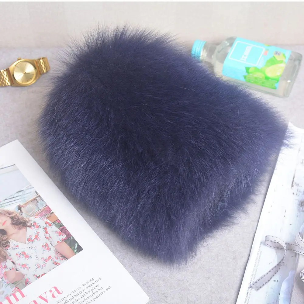 Luxury 100% Natural Real Fox Fur Hat Women Winter Elastic Knitted Real Fox Fur Bomber Cap Girls Warm Soft Fox Fur Beanies Hats