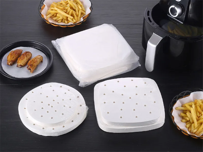 50 Stück quadratische Luftfritteusen Premium perforierte Unterlage Pergament Antihaft-Dampfkorbmatte Backen Speiseölpapier – Detail 1