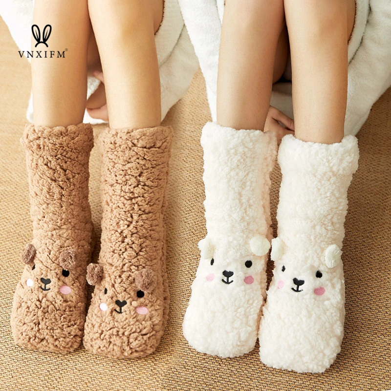 VNXIFM 2023 winter floor socks plush thick warm floor socks coral fleece cartoon funny socks Japanese home shoes non-slip socks