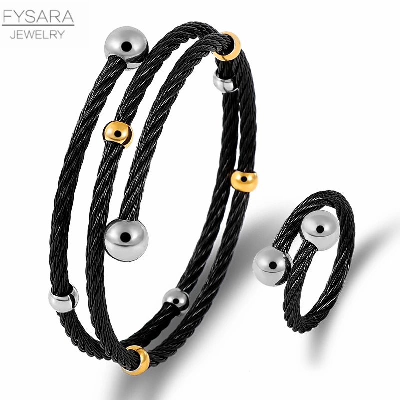 FYSARA Multi-layer Rope Cable Wire Fashion Jewelry Set Women Stainless Steel Bracelet Ring Round Ball Trendy Jewelry Set Couple