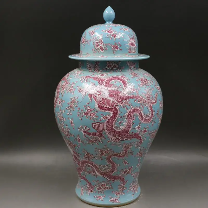 Qing Dynasty Kangxi Blue Ground Pastel Flower Dragon Pattern ceramic Ginger jar Pot Antique Craft porcelain temple jar