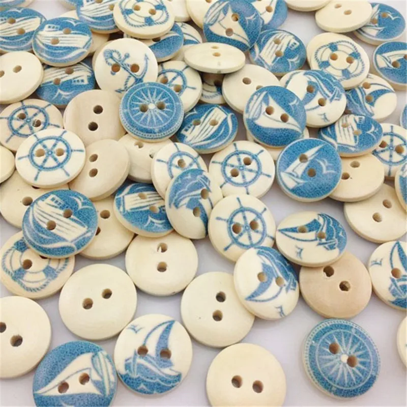 50pcs Mixed Blue Color Sea anchor Pattern Wooden Buttons Fit Sewing and Scrapbook 15mm WB217