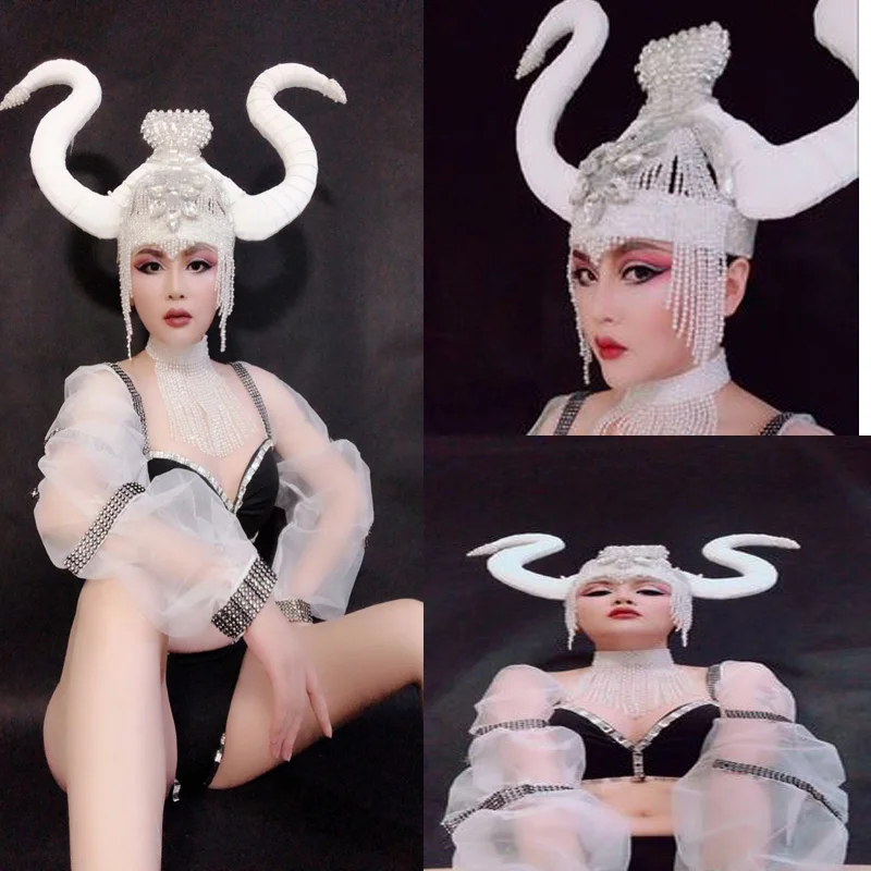 women halloween cosplay hat cap White horn headress Nightclub bar gogo costume Sexy stage dance headwear