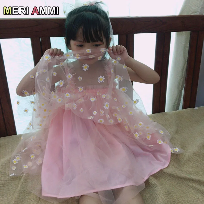 MERI AMMI For 1-13 Y Daisy Flower Girls Birthday Dress Kid Children Clothing Sleeveless Floral Party Christmas Knee Length Mesh