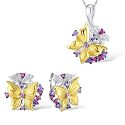 KOFSAC 2020 Fashion 925 Sterling Silver Necklaces Earrings For Women Elegant Purple Zircon Gold Butterfly Jewelry Sets Lady Gift