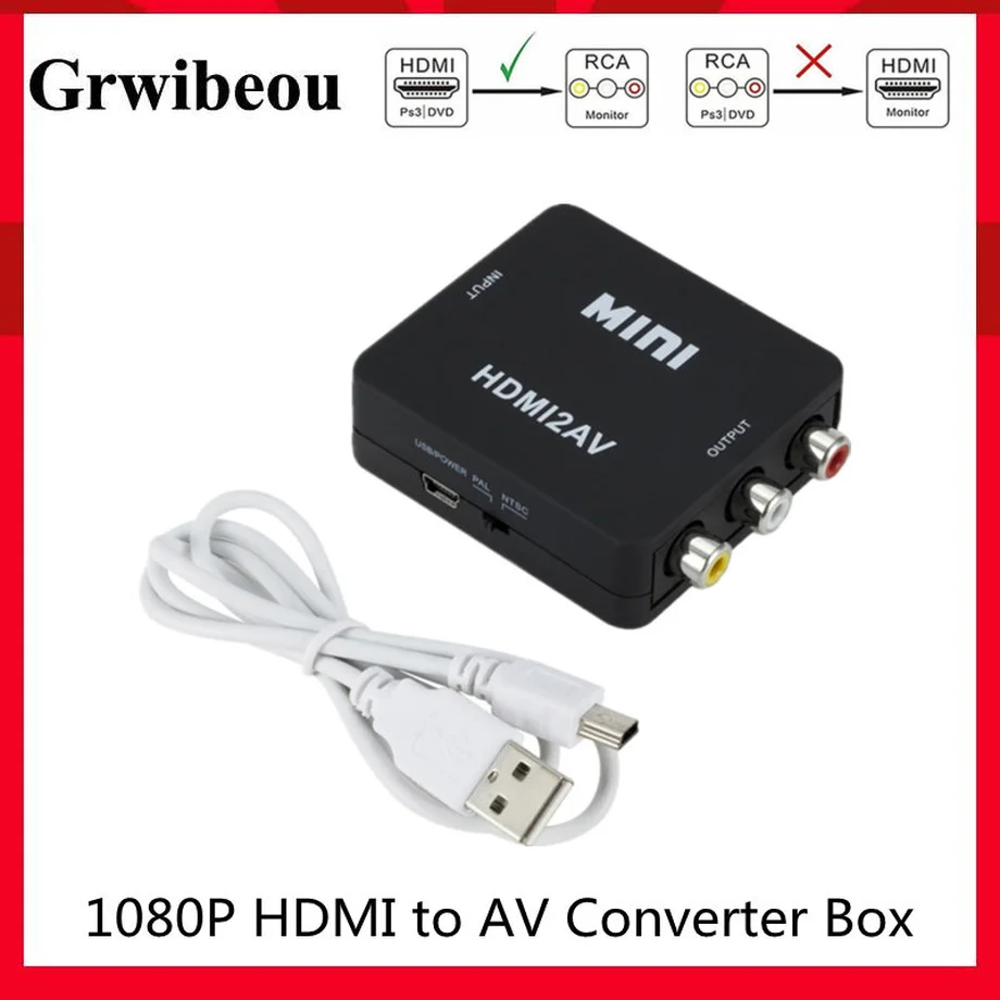 

Grwibeou HDMI-compatible to RCA Converter AV/CVSB L/R Video Box HD 1080P 1920*1080 60Hz HDMI2AV Support NTSC PAL Output HDMIToAV