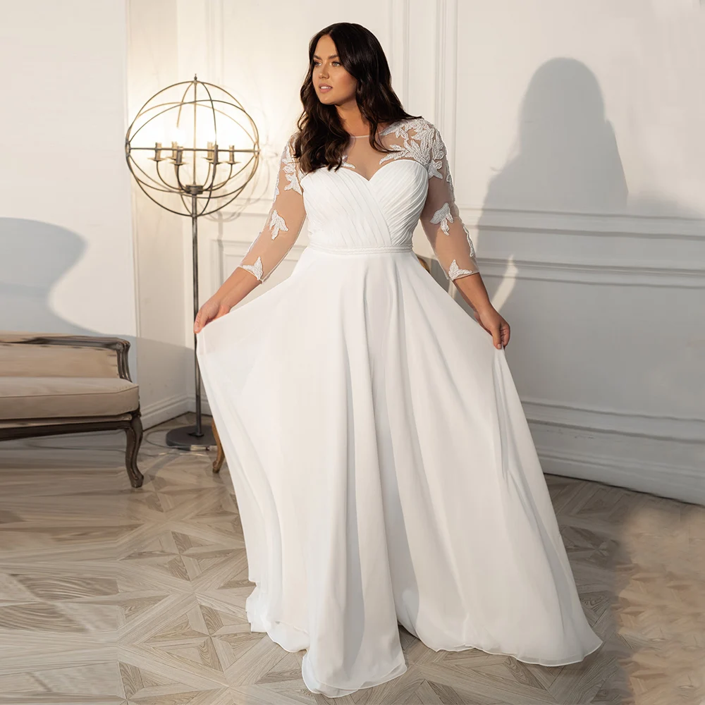 Abiti da sposa in Chiffon taglie forti civili per donna abito da sposa semplice al pavimento con abito gotico a pieghe a 3/4 maniche Applique