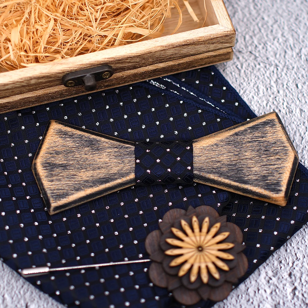 Old colored Vantage Wooden Hollow Wood Bow Ties Bowtie With Pocket Square Brooch For Men Christmas Gift Set With Box Ties