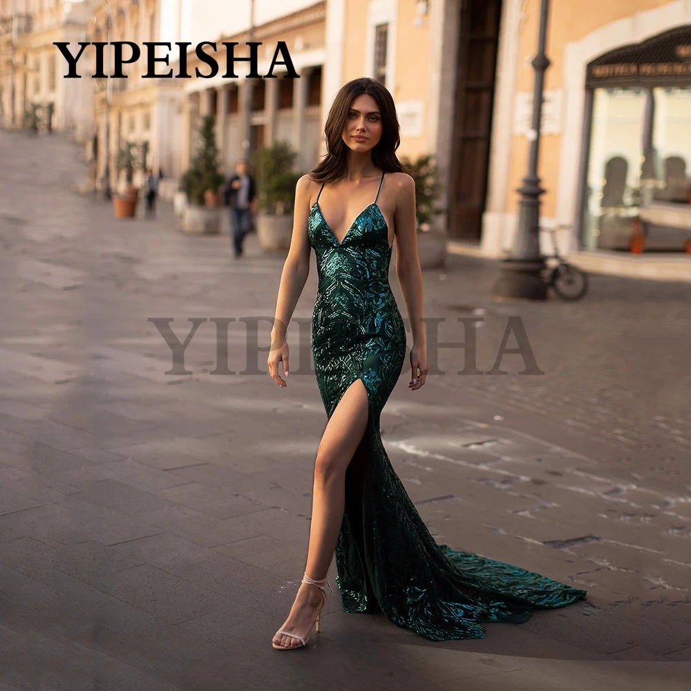 Sexy V-Neck Front High Split Evening Dresses Backless Glittery Sequined Spaghetti Strap Prom Gown vestidos de fiesta فساتين السه