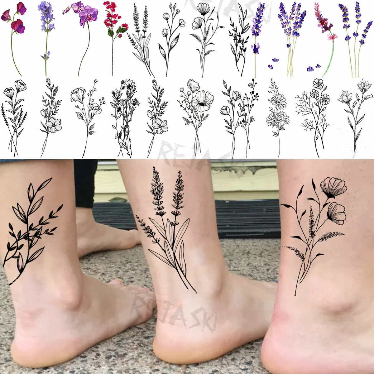 Black Lavender Flower Leaves Temporary Tattoos For Women Adult Lily Tulip Realistic Fake Tattoo Waterproof Body Art Tatoos Decal