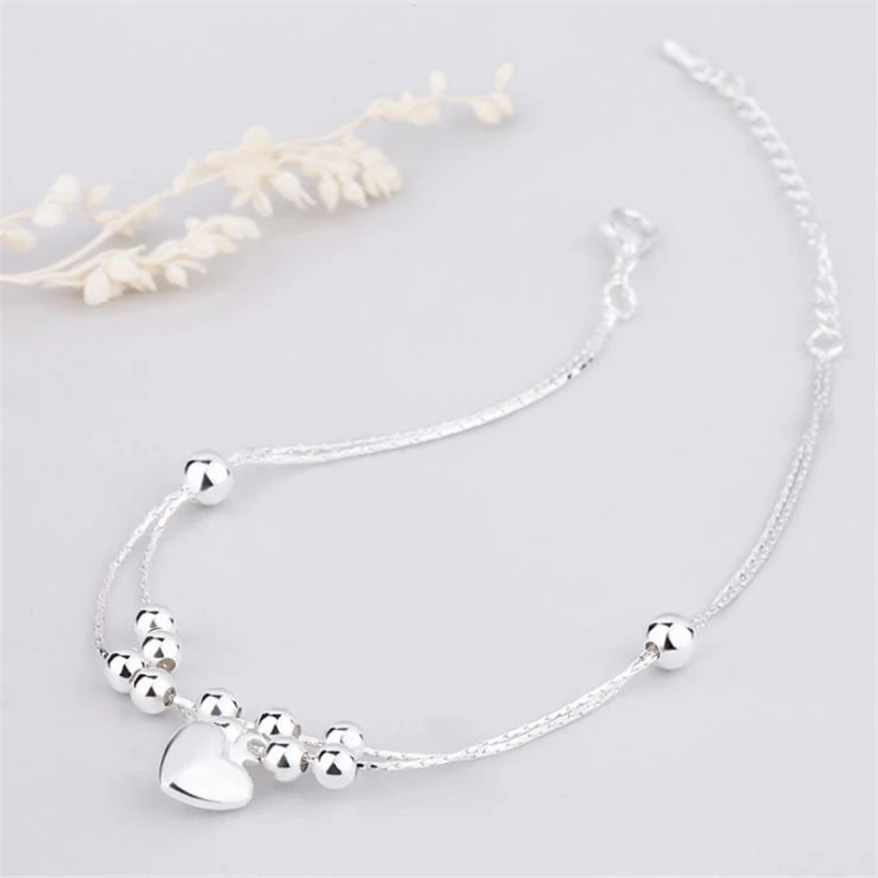 KOFSAC New Fashion Foot Jewelry 925 Sterling Silver Anklets For Women Double Layer Beads Heart Bracelets Girl Party Accessories