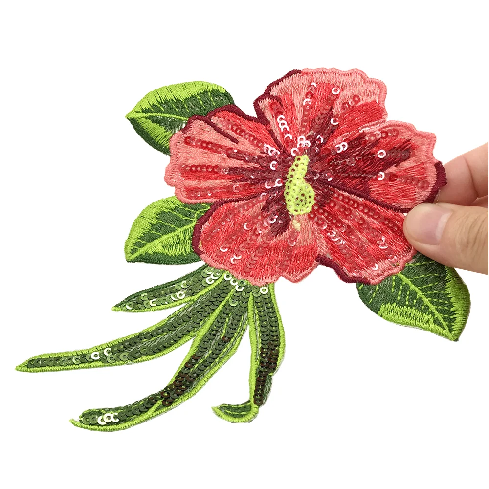 2pc Hibiscus Embroidery Patch Sequin Beaded Patches For Clothing Flower Sticker Embroidered Appliques Iron On Parches AC1578