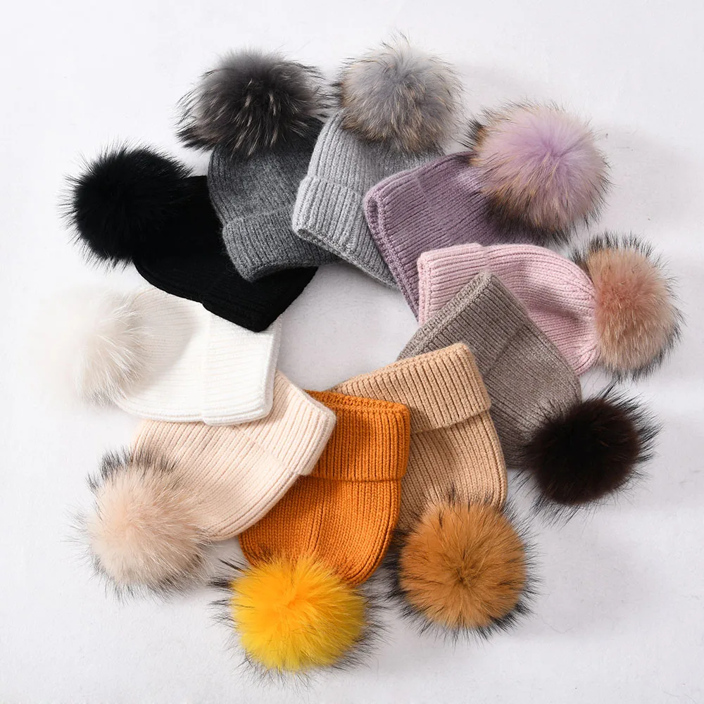 Jxwatcher Winter Hat Cashmere Knitted Beanie Big Real Fur Pom Pom  Beanie High Quality Girls Women Bonnet Winter Hats for Women