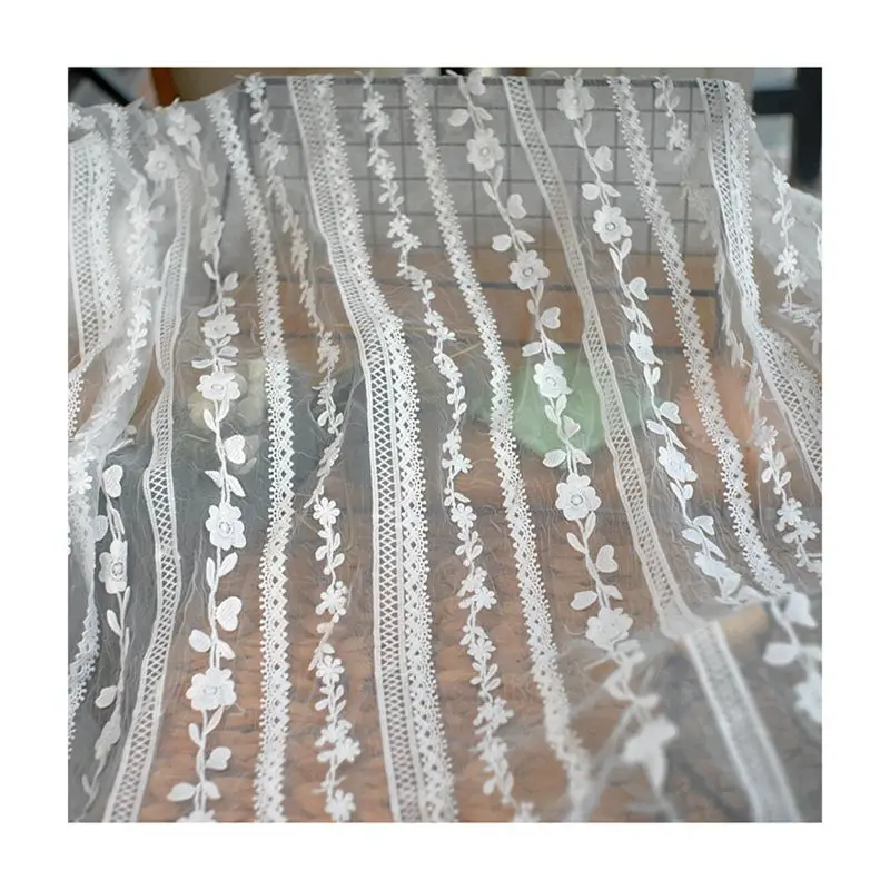 Mesh Fabric 3D Embroidery Soft Yarn White Lace Fabric Dress Clothing Window Screen Home Fabric Handmade DIY Cloth