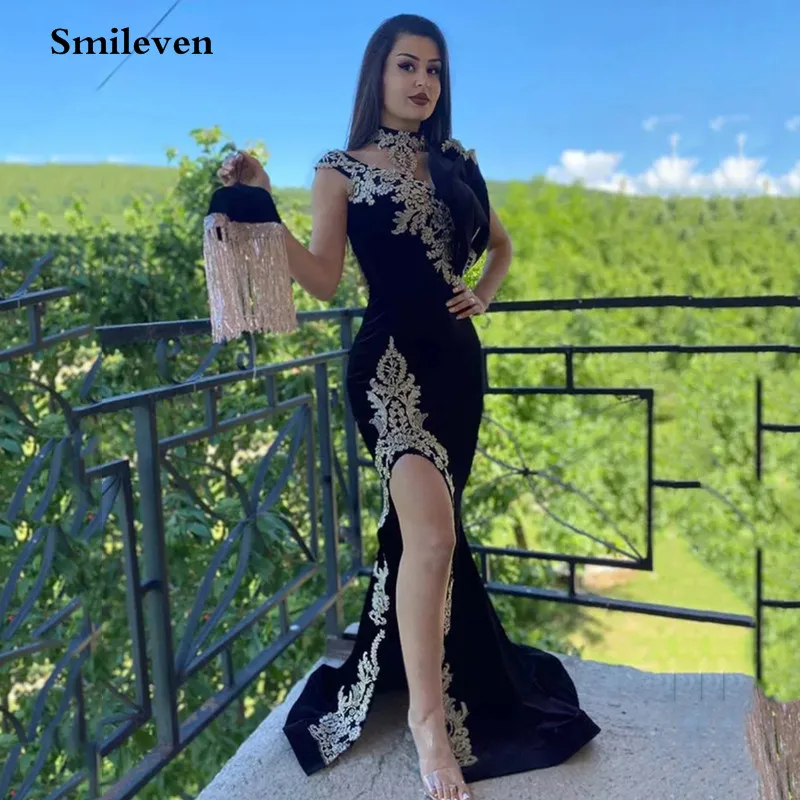 Smileven Morocco Caftan Evening Dress 3 pieces Mermaid Prom Dress Sleeveless Velvet Formal Evening Party Dress Side Split Outfit