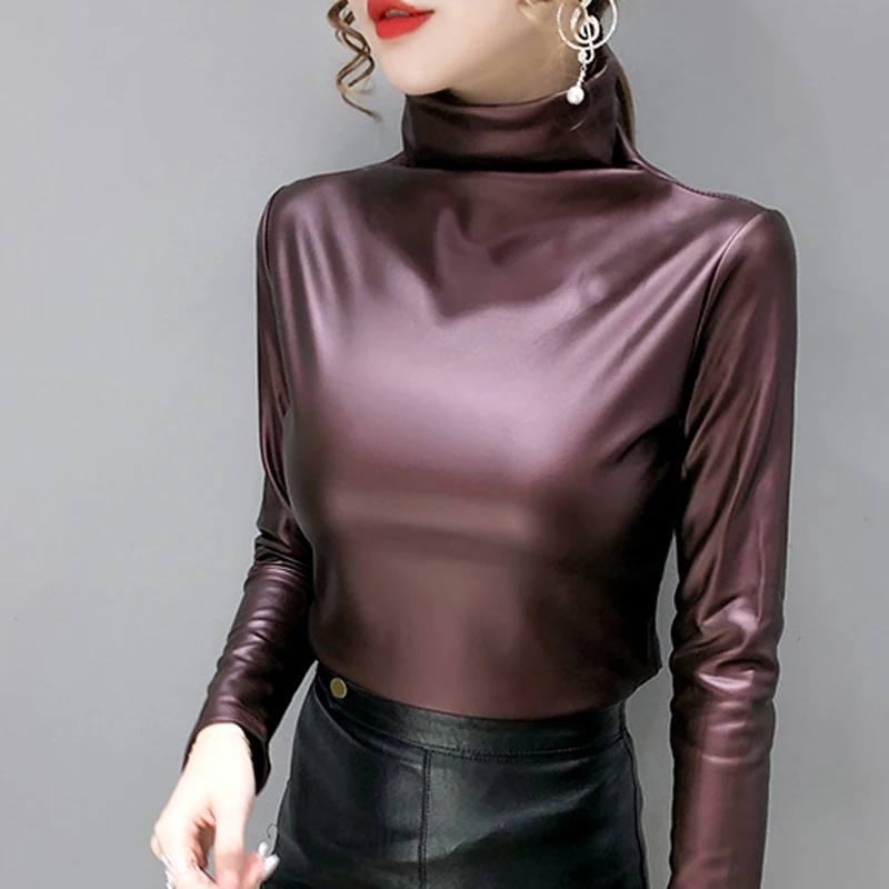 Shintimes Turtleneck Soft PU Leather T Shirt Women Long Sleeve Tee 2022 Winter Warm Tshirts Womens Clothing Camisetas De Mujer