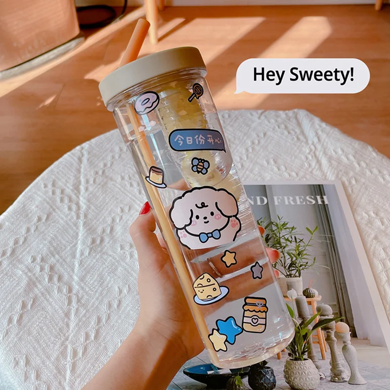 700ML Cute Clear Plastic Water Bottle For Girls With Straw Tea Strainer Stickers Summer Large Capacity Bubble Juice Drink Cup