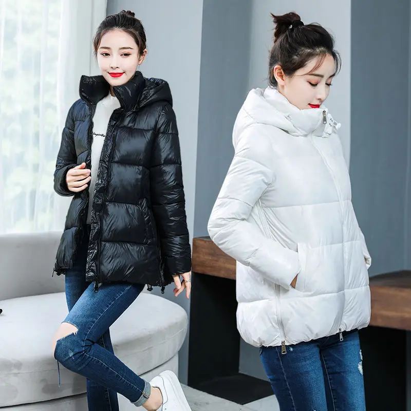 2019 Winter Jacket Women Short Glossy Down Jackets Cotton Padded Parkas Hooded Bright Shiny Warm Thick Parkas Female Coats
