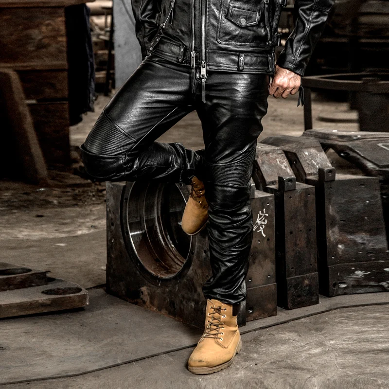 

Brand Genuine Leather Long Pants Male Profession Motorcycle Biker Trousers Slim Fit Cowskin Real Leather Protective Gear Pants