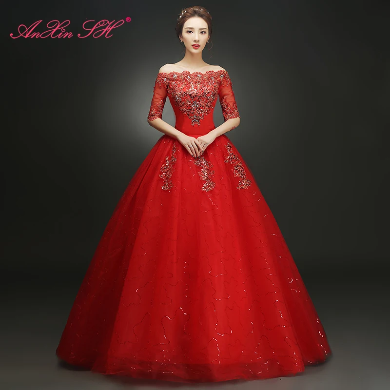 AnXin SH Flower princess red lace party princess boat neck half sleeve beading sparkly white lace customized wedding dress