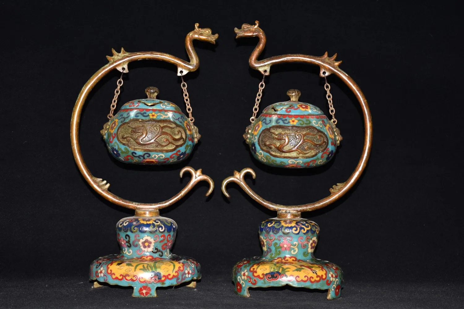 

15"Tibetan Temple Collection Old Bronze Cloisonne Enamel Dragon Statue arc incense burner hanging furnace a pair Ornament