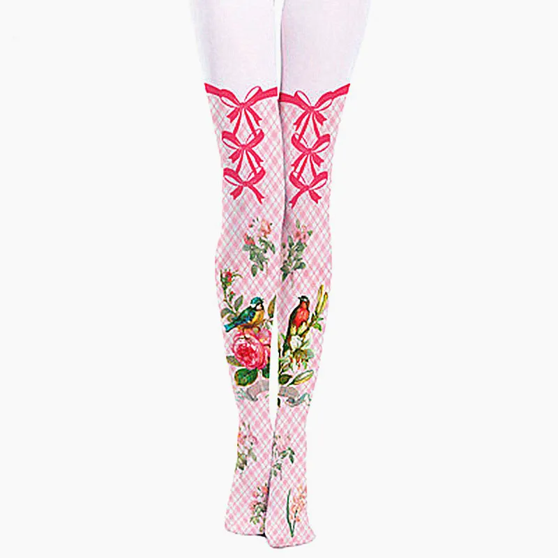 

Women's Tights Fake High Tube Lattice Flowers and Birds Bow Tie With Harajuku Lolita Smooth and Heat Tech Super Stretch Girls