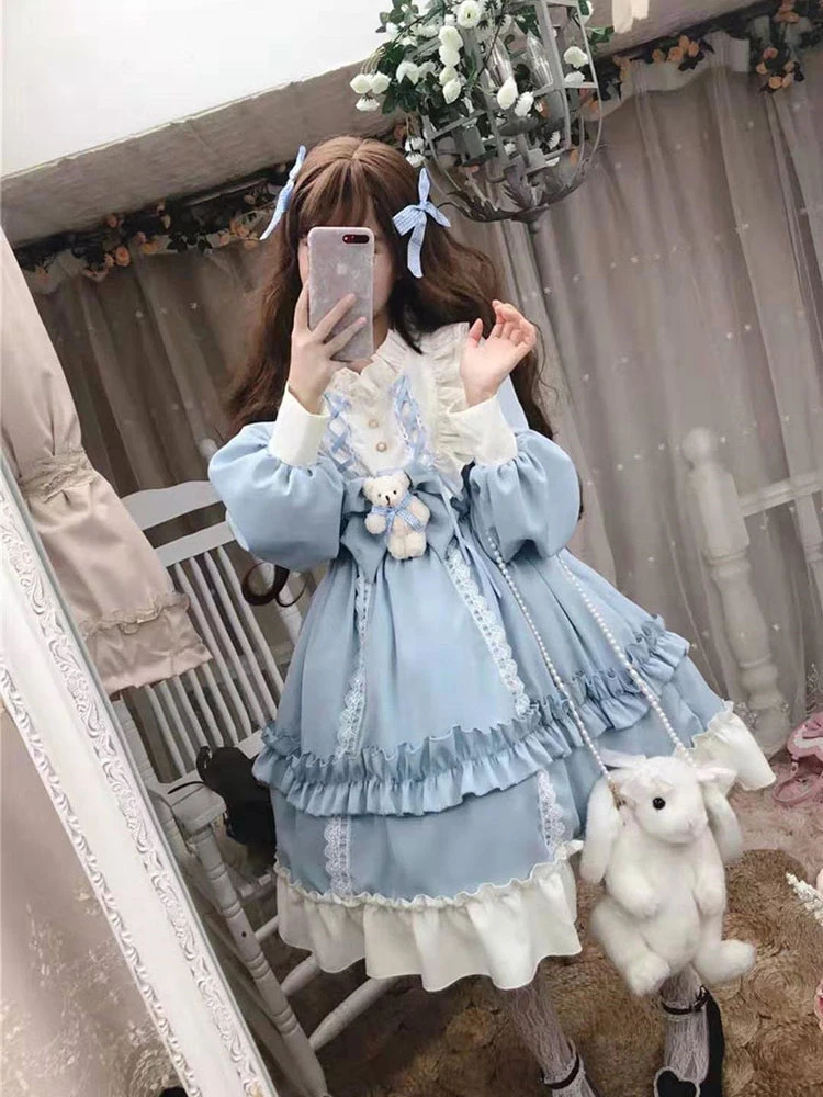 Gaun Anime Lolita Gaun Kawaii Beruang Busur Renda Wanita Gaun Putri Lengan Panjang Hadiah Kostum Halloween untuk Pesta Anak Perempuan