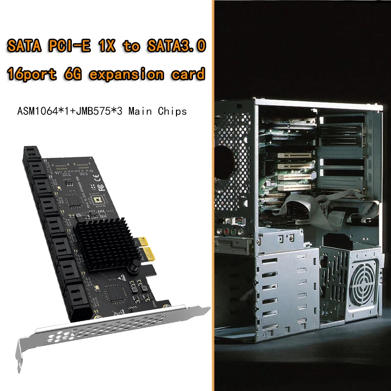 Adaptador SATA PCIE 1X, controlador de 16 puertos PCI Express, SATA3.0, PCI a Sata Riser, tarjeta de expansión SSD Bit, tarjeta adicional para minería de Chia