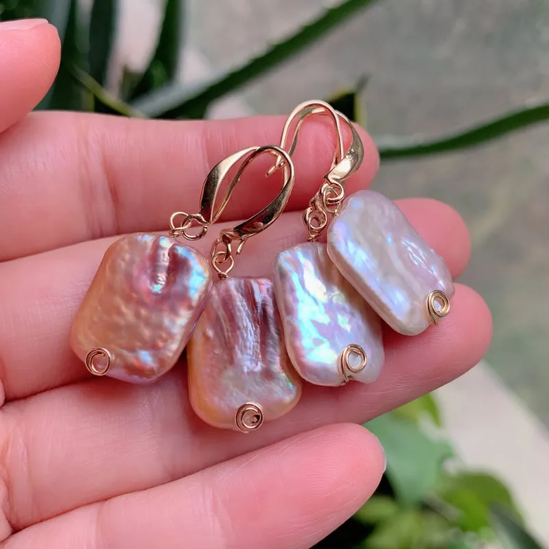 Elegant Real Natural Freshwater Pearl Dangle Earrings for Women Rainbow Shiny Irregular Rectangle Biwa Baroque Pearl Earrings