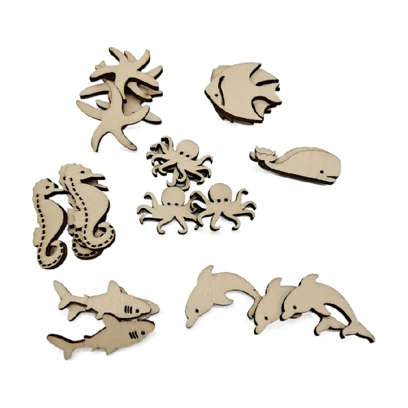 30pcs Unfinished Wood Sea Animal Shaped Crafts Blanks Wood Cutouts Natural Wood Pieces for DIY Crafting Ornament Decorations