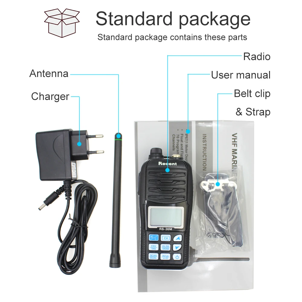 Radio marina VHF de RS-36M reciente, 156.000-161.450MHz, IP67, resistente al agua, flotante de mano, comunicador con pantalla LCD de 5W