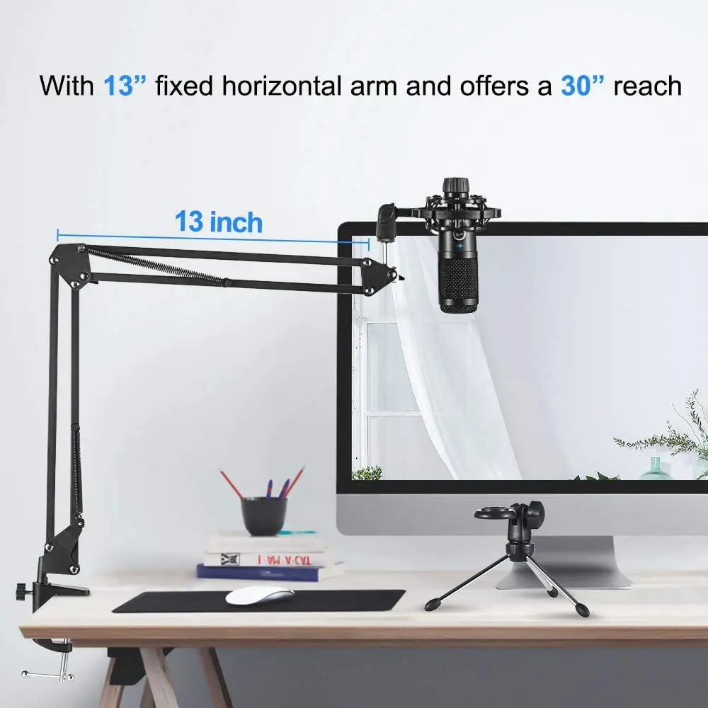 مكثف USB عدة ميكروفون الكمبيوتر ، مقص قابل للتعديل ذراع الوقوف ، صدمة جبل لتدفق الاستوديو ، صوت البث الصوتي