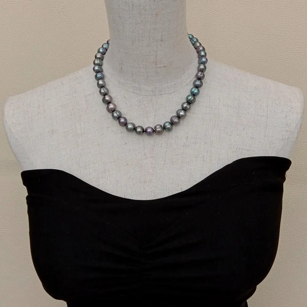YYGEM 925 Silver Clasp Natural 10-11mm Freshwater Cultured Black Potato Pearl Choker Necklace 17