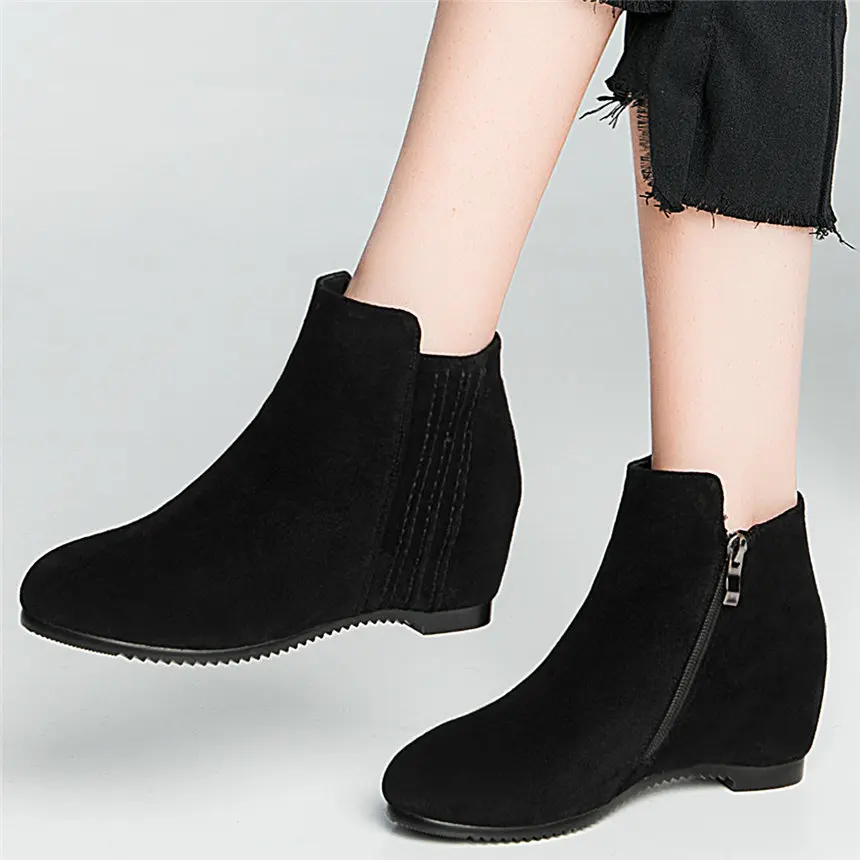 

Casual Shoes Women Genuine Leather Hidden Wedge Ankle Boots Female Low Top Round Toe Party Platform Pumps Shoes US Size 3-US 9