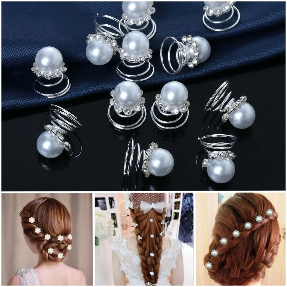 12Pcs Bridal Crystal Pearl Flower Spiral Twist Hair Pins Clips Wedding Jewelry Bride Headdress Women Hair Styling Accessories