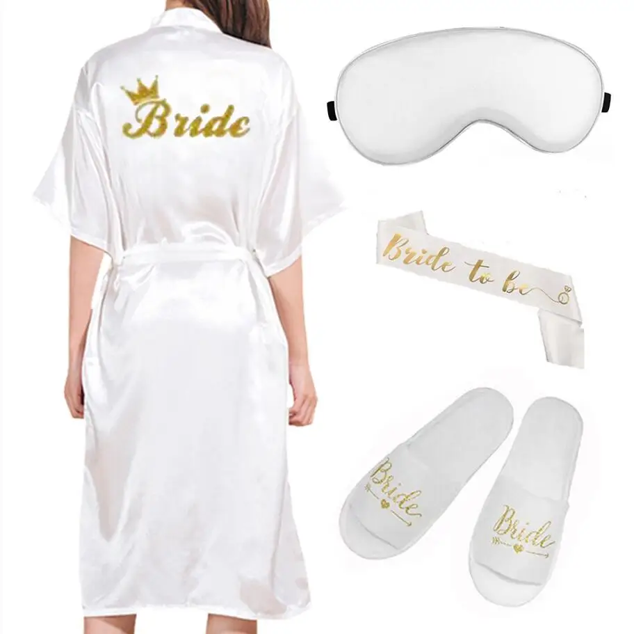 4pc set of bride robe eyemask slippers sash bridesmaid kimono wedding bridal party Bachelorette bathrobe getting ready robes