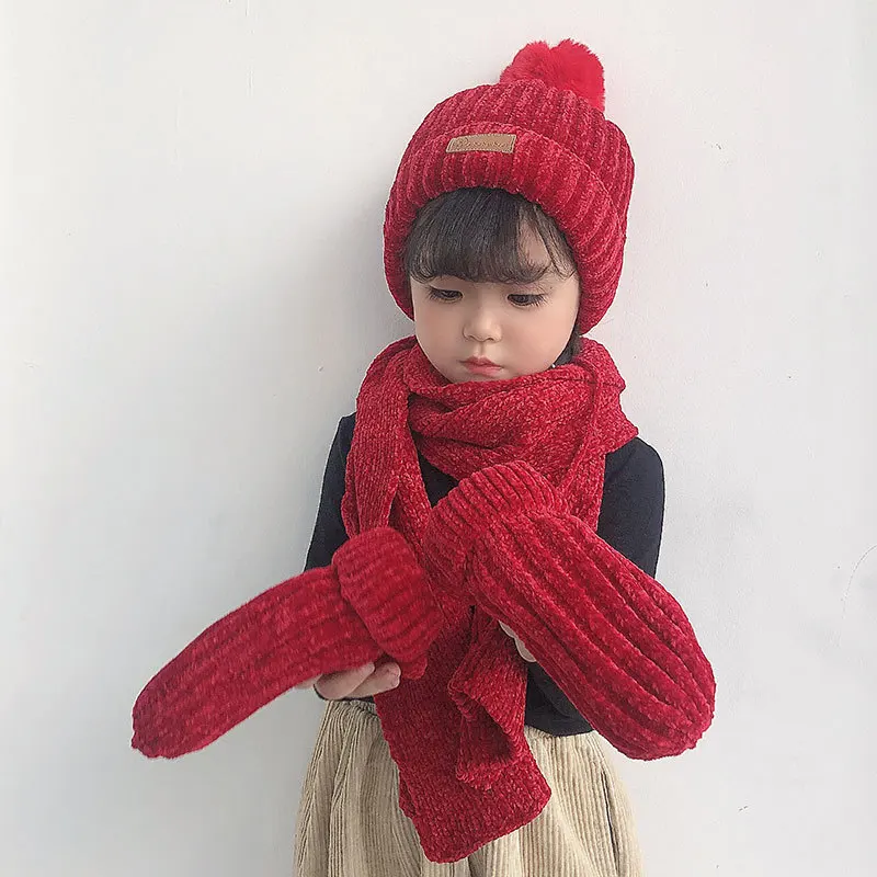 Three-piece Knitted Hats Scarf Gloves Set Children Hat PomPom Autumn Winter Warm Mittens Boy Caps Beanies Fashion Sets Kids Caps