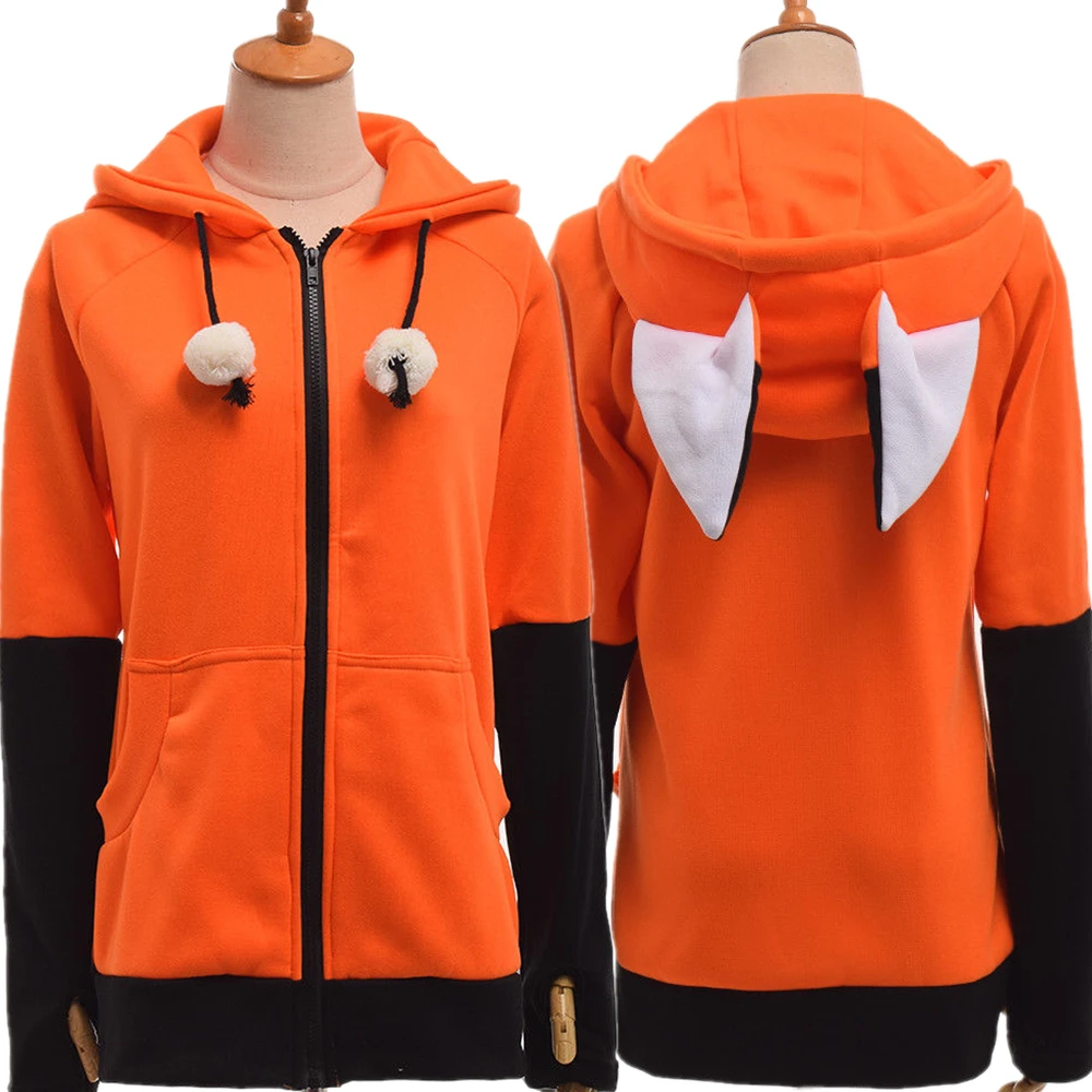 Animal fox ears Cosplay costume hooded jacket warm orange sweatshirt unisex hoodie