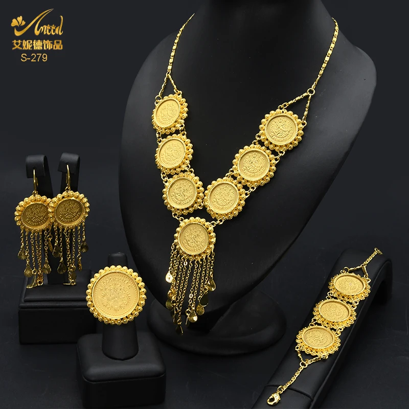 ANIID Dubai Gold Color Coin Necklace Bracelet Jewelry Sets For Women African Ethiopian Bridal Wedding Luxury Jewellery Gifts