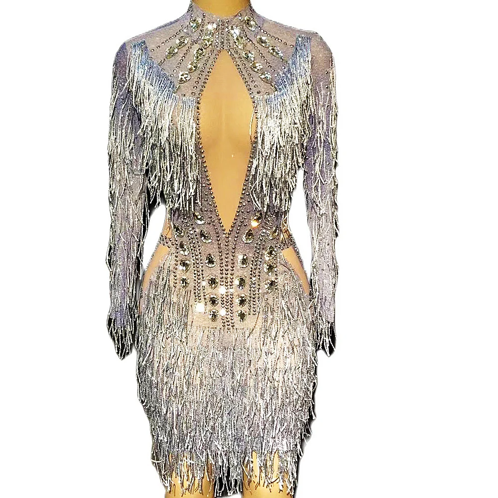 

Sparkly Rhinestone Mini Glitter Fringes Women Dress Nightclub Stage Performance Costume Birthday Celebrate Party Show Wear