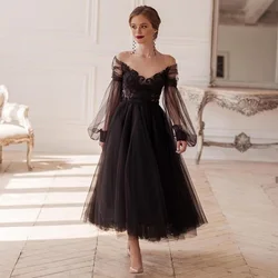 LSYX Black Princess Evening Dress A-Line Illusion Long Sleeve V-Neck Lace Appliques Ankle-Length Elegant Party Prom Gown