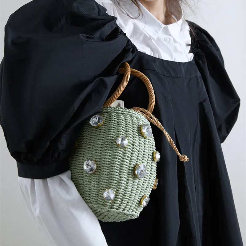 Summer Round Rattan Handmade diamond Pearl Bag Bohemian Leisure Straw Bag Bucket Knitting Shoulder Crossbody Beads Beach Bag