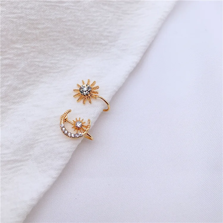 Korean jewelry small earlobe asymmetrical diamond-studded rhinestone star moon silicone earrings without pierced ear clips