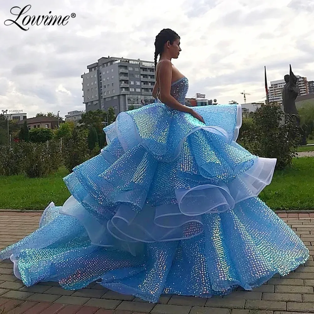 Vestido azul brilhante de baile, vestido de baile para mulheres, sem alças, organza, arábia saudita, vestido de noite, nova chegada, 2020