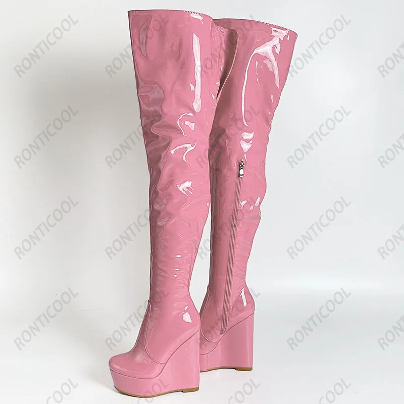 Ronticool Handmade Women Winter Platform Thigh Boots Patent Wedges Heel Round Toe 10 Colors Night Club Shoes Women Us Size 5-20