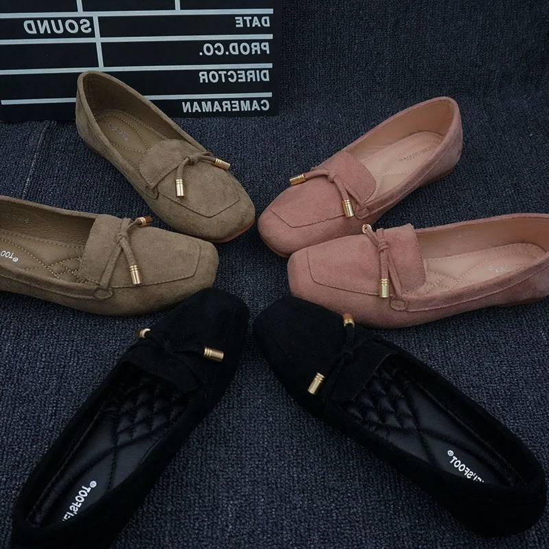 

2020 Spring Suede Leather Ladies Loafers Moccasins Casual Flat Shoes Woman Square Toe Slip On Ballet Flats Office Ladies Shoes