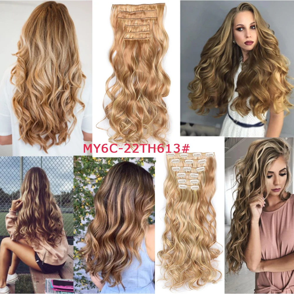 Extensiones de cabello de onda Natural para mujer, 16 Clips, pieza de cabello sintético, resistente al calor, 20 pulgadas, 6 piezas por juego