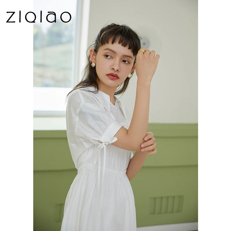 ZIQIAO Japanese Casual Dress Office Lady White Dress Female Summer High Waist Temperament Niche Slim White V-neck Women Dress