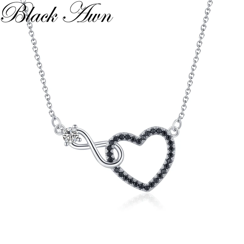 Black Awn Silver Necklace Classic Silver Color Necklace Women Jewelry Heart Black&White Stone Pendants K068